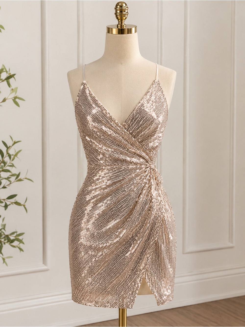 Hello Molly Rose Gold Sequin Wrap Mini Dress